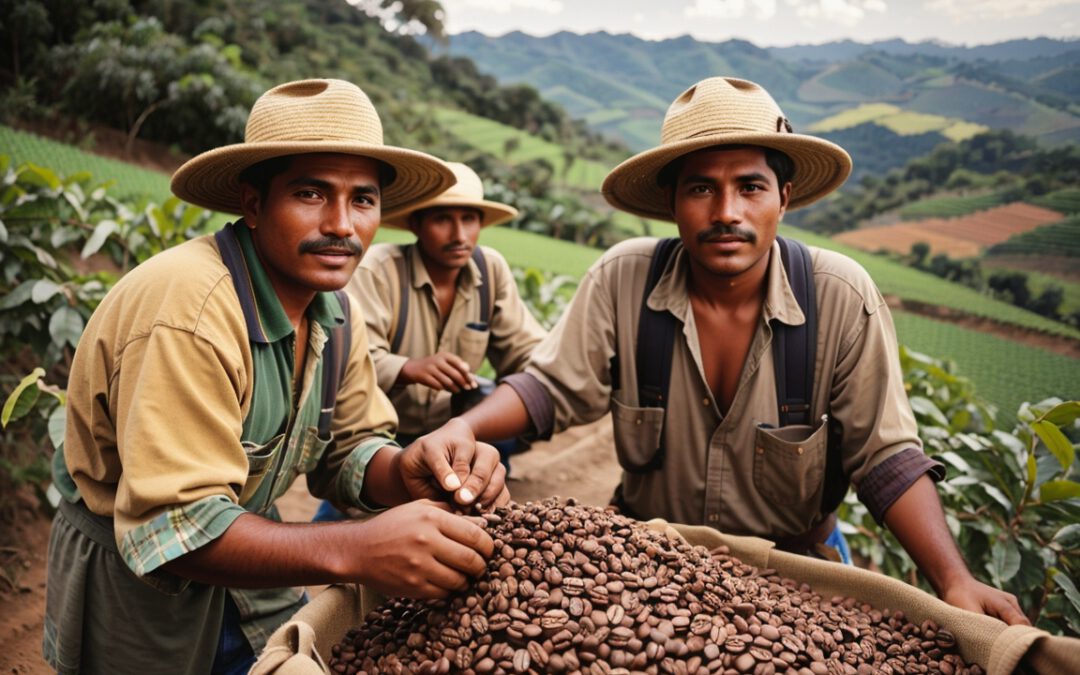 Caficultores brasileños recolectando granos de café uno a uno en la región Minas Gerais