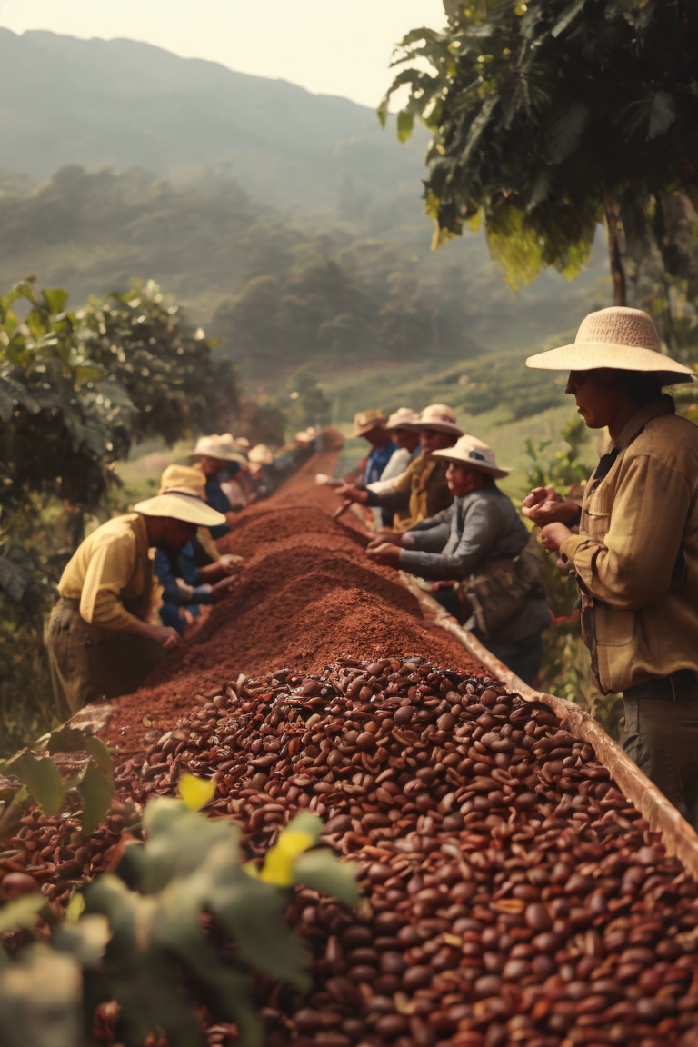 Caficultores brasileños cosechando y recolectando los granos de café en un cafetal brasileño