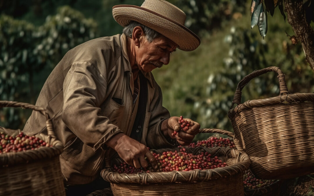 Agricultor colombiano cosechando el grano maduro en su cafetal