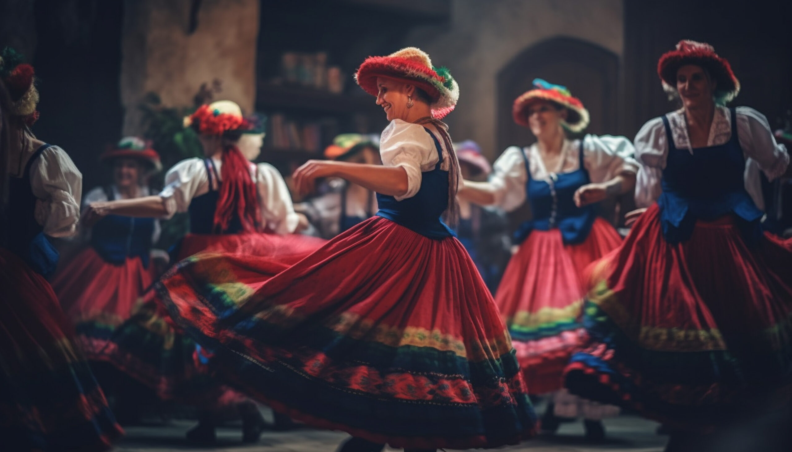 Colombianas con ropa tradicional bailando una danza típica de Colombia